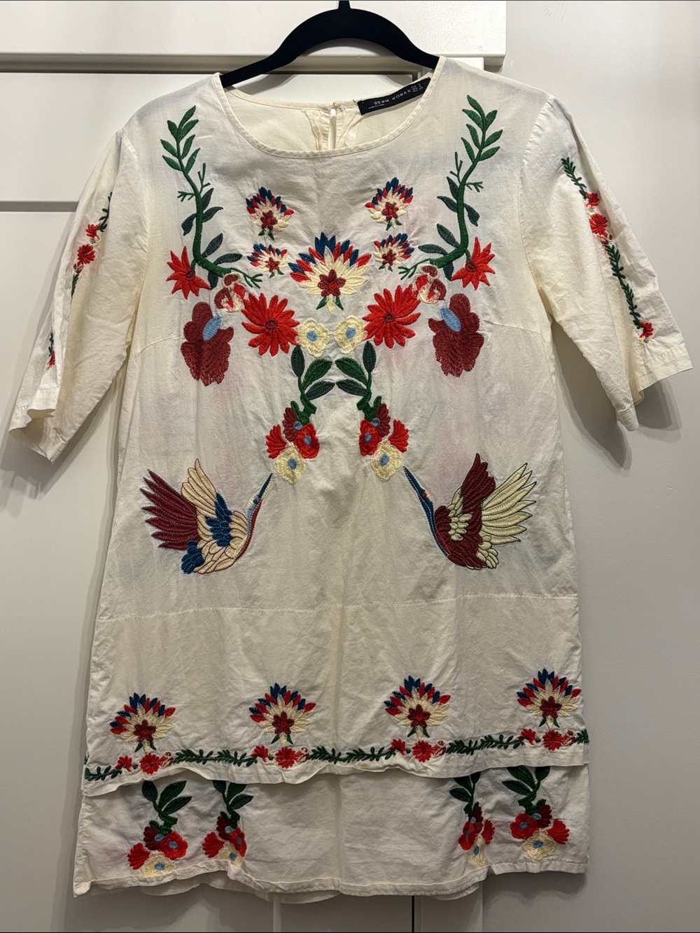 Cream Embroidered Floral & Bird Kids Dress